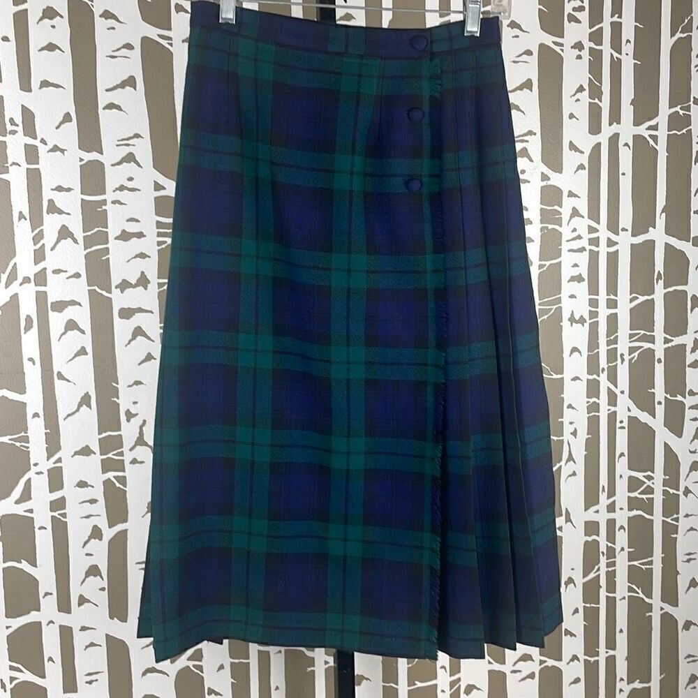 Vintage Bonda Pure Virgin Wool Black Watch Plaid Midi Kilt Skirt 10